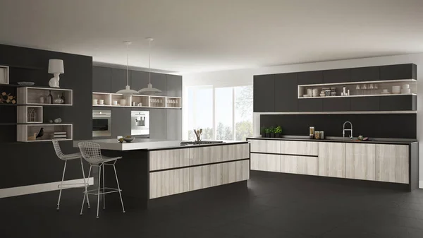 Moderna cocina blanca con detalles de madera y gris, minimalista — Foto de Stock