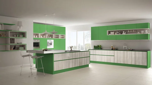 Moderne witte keuken met houten en groene details, minimalistische — Stockfoto