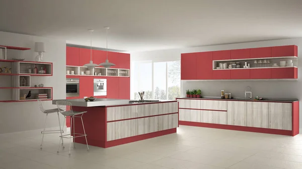 Dapur putih modern dengan detail kayu dan merah, minimalis i — Stok Foto