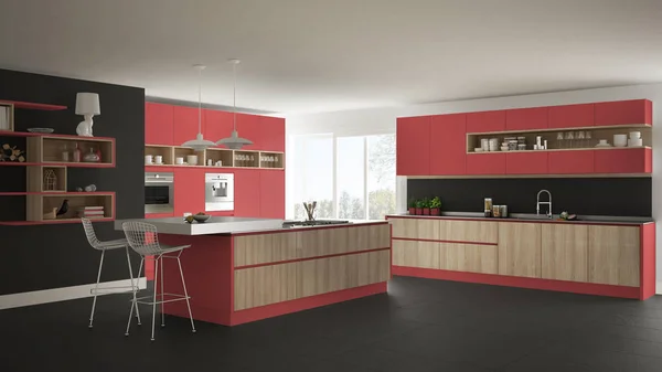 Nowoczesna kuchnia biały z drewnianych i czerwony szczegóły, minimalistyczne i — Zdjęcie stockowe