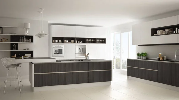 Cozinha moderna branca com detalhes em madeira e branco, minimalista — Fotografia de Stock
