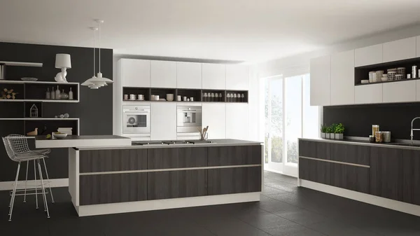 Moderne witte keuken met houten en witte details, minimalistische — Stockfoto