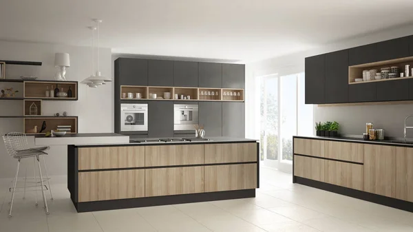 Moderne witte keuken met houten en grijze details, minimalistisch — Stockfoto