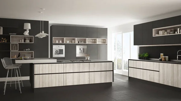 Modern white kitchen with wooden and gray details, minimalistic — Stock Photo, Image