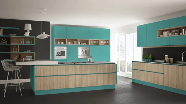 Modernt vitt kök med trä och turkosa detaljer, minimali — Stockfoto