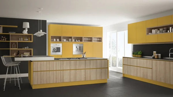 Modern white kitchen with wooden and yellow details, minimalisti — Stock Photo, Image