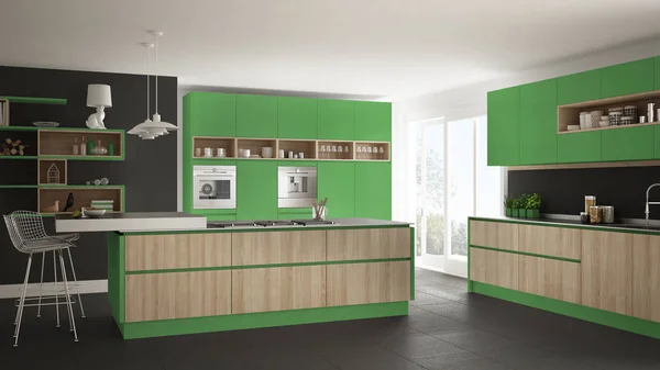 Nowoczesna kuchnia biały z drewnianych i zielony szczegóły, minimalistyczne — Zdjęcie stockowe