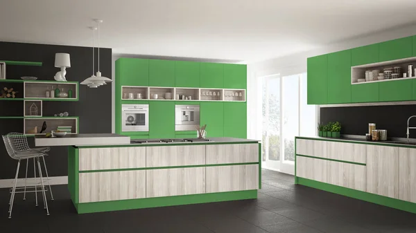 Modernt vitt kök med trä och gröna detaljer, minimalistisk — Stockfoto