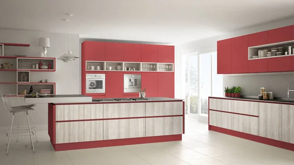 Сучасна біла кухня з дерев'яними і червоними деталями, мінімалістична — стокове фото