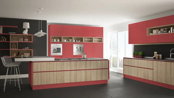 Dapur putih modern dengan detail kayu dan merah, minimalis i — Stok Foto