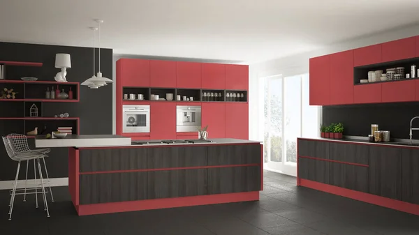 Dapur putih modern dengan detail kayu dan merah, minimalis i — Stok Foto