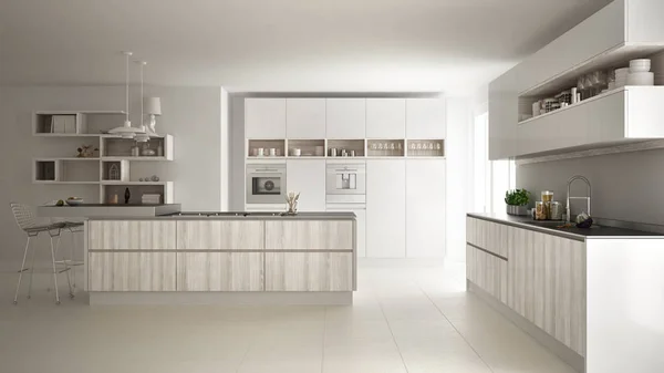 Ahşap ve beyaz ayrıntıları, minimalist modern beyaz mutfak — Stok fotoğraf