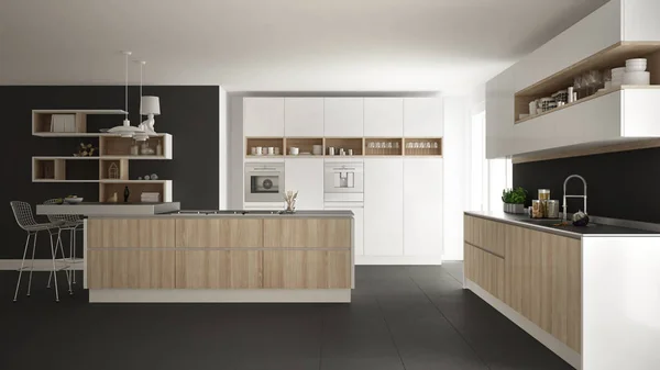 Dapur putih modern dengan detail kayu dan putih, minimalis — Stok Foto