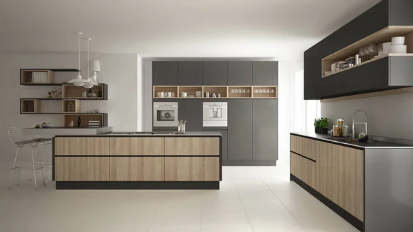 Сучасна біла кухня з дерев'яними і сірими деталями, мінімалістична — стокове фото