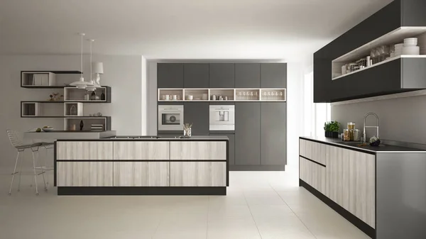 Moderne weiße Küche mit hölzernen und grauen Details, minimalistisch — Stockfoto