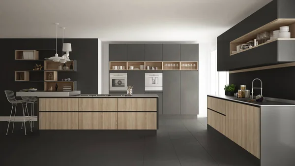 Современная белая кухня с деревянными и мелкими деталями, минималистичная — стоковое фото