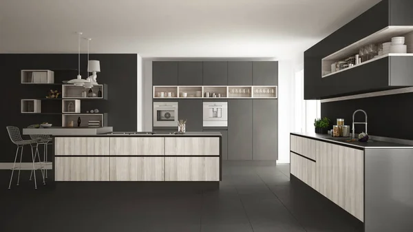 Nowoczesna biała kuchnia z drewnianymi i szarymi detalami, minimalistyczna — Zdjęcie stockowe