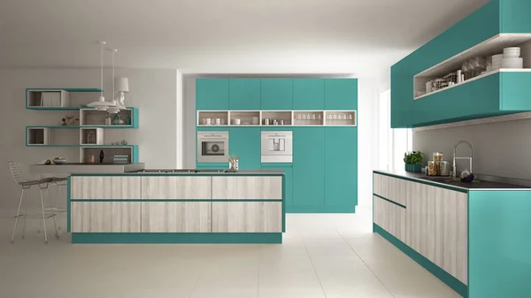 Cucina moderna bianca con dettagli in legno e turchese, minimali — Foto Stock