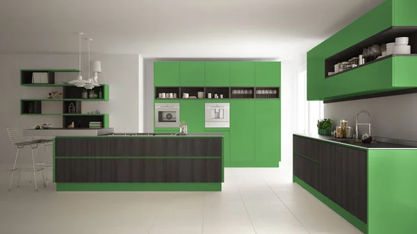 Cozinha branca moderna com detalhes de madeira e verde, minimalista — Fotografia de Stock