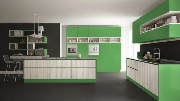 Modernt vitt kök med trä och gröna detaljer, minimalistisk — Stockfoto