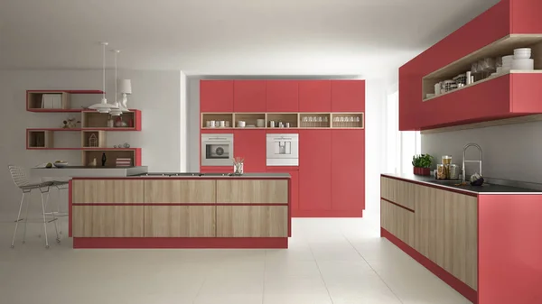 Moderne weiße Küche mit hölzernen und roten Details, minimalistisch — Stockfoto