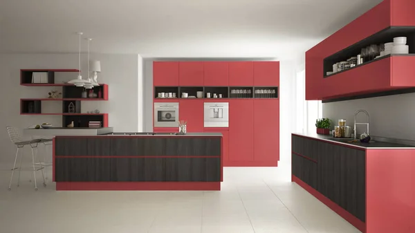 Nowoczesna kuchnia biały z drewnianych i czerwony szczegóły, minimalistyczne i — Zdjęcie stockowe