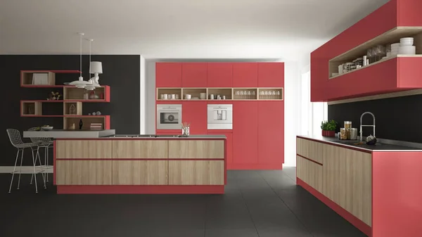 Ahşap ve kırmızı detaylar, minimalist modern beyaz mutfak ben — Stok fotoğraf