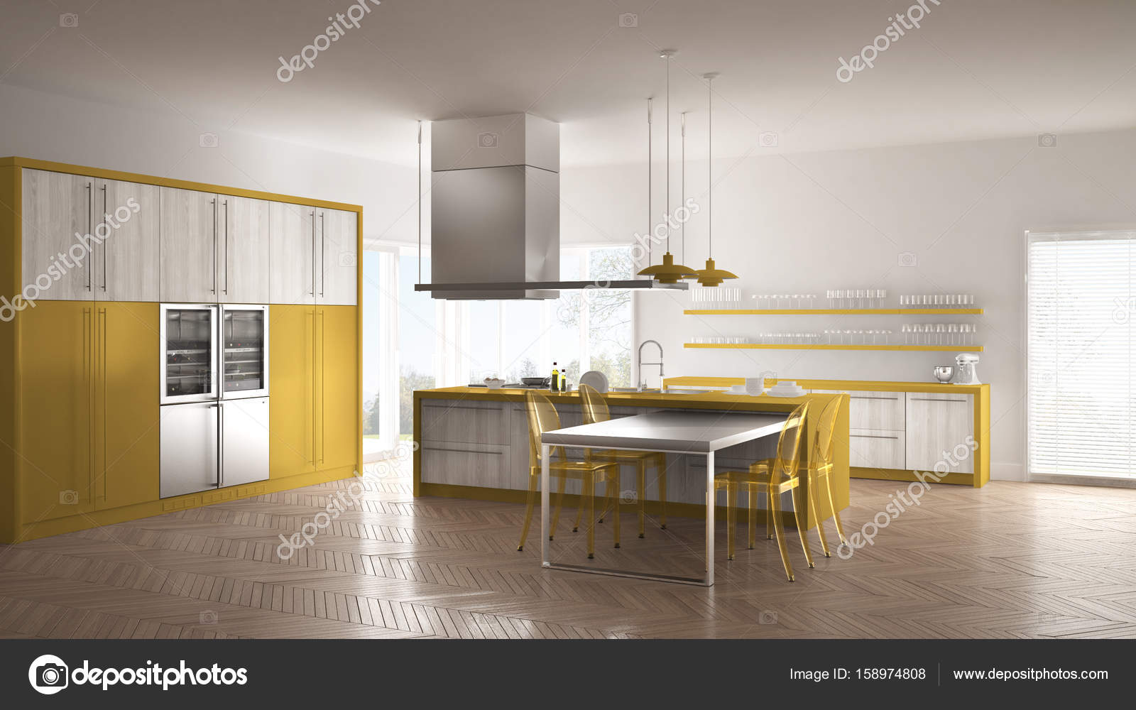 Minimalista E Moderna Cozinha Com Mesa Cadeiras E Parquet Piso Minimalista E Moderna Cozinha Com Mesa Cadeiras E Parquet Piso