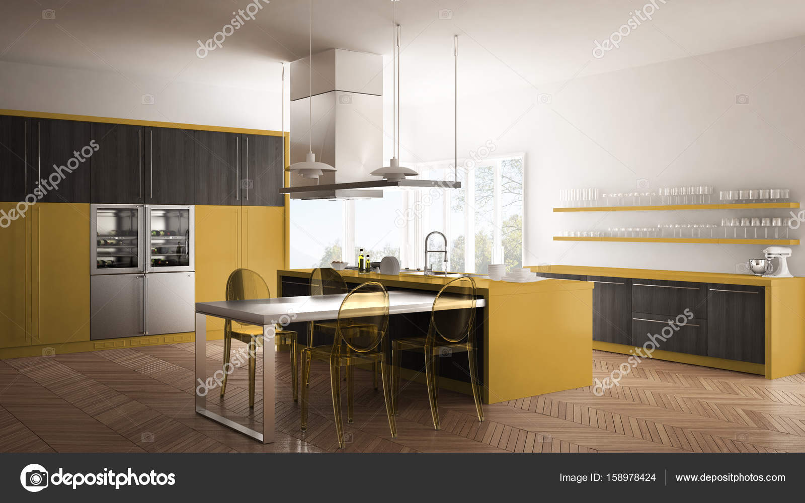 Minimalista E Moderna Cozinha Com Mesa Cadeiras E Parquet Piso Minimalista E Moderna Cozinha Com Mesa Cadeiras E Parquet Piso