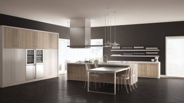 Masa, sandalye ve parke zemin ile minimalist modern mutfak