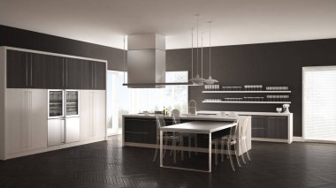 Masa, sandalye ve parke zemin ile minimalist modern mutfak
