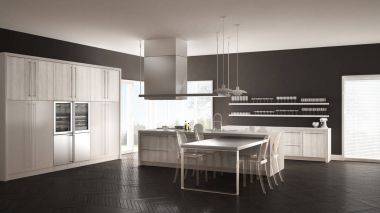 Masa, sandalye ve parke zemin ile minimalist modern mutfak