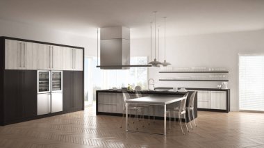 Masa, sandalye ve parke zemin ile minimalist modern mutfak