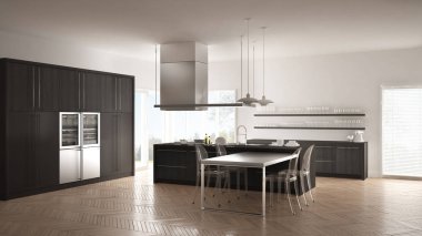 Masa, sandalye ve parke zemin ile minimalist modern mutfak