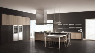 Masa, sandalye ve parke zemin ile minimalist modern mutfak