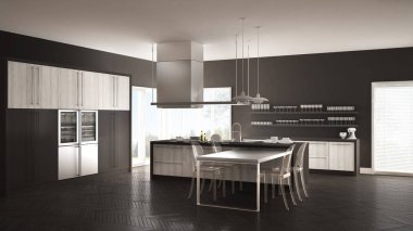 Masa, sandalye ve parke zemin ile minimalist modern mutfak