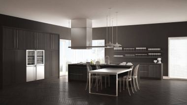 Masa, sandalye ve parke zemin ile minimalist modern mutfak