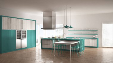 Masa, sandalye ve parke zemin ile minimalist modern mutfak