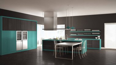 Masa, sandalye ve parke zemin ile minimalist modern mutfak