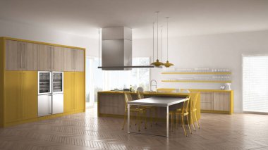 Masa, sandalye ve parke zemin ile minimalist modern mutfak