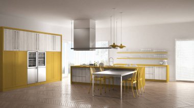 Masa, sandalye ve parke zemin ile minimalist modern mutfak