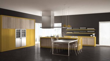 Masa, sandalye ve parke zemin ile minimalist modern mutfak