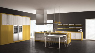 Masa, sandalye ve parke zemin ile minimalist modern mutfak