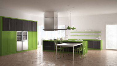 Masa, sandalye ve parke zemin ile minimalist modern mutfak