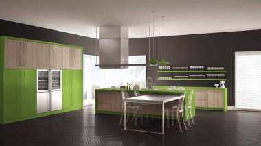 Masa, sandalye ve parke zemin ile minimalist modern mutfak