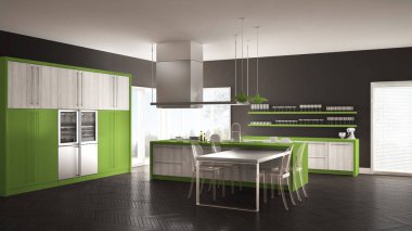 Masa, sandalye ve parke zemin ile minimalist modern mutfak