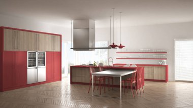 Masa, sandalye ve parke zemin ile minimalist modern mutfak