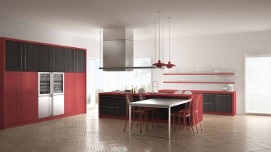 Masa, sandalye ve parke zemin ile minimalist modern mutfak