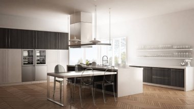 Masa, sandalye ve parke zemin ile minimalist modern mutfak