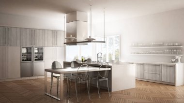 Masa, sandalye ve parke zemin ile minimalist modern mutfak